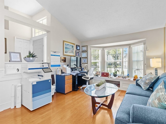 living area with light wood-style floors and high vaulted ceiling