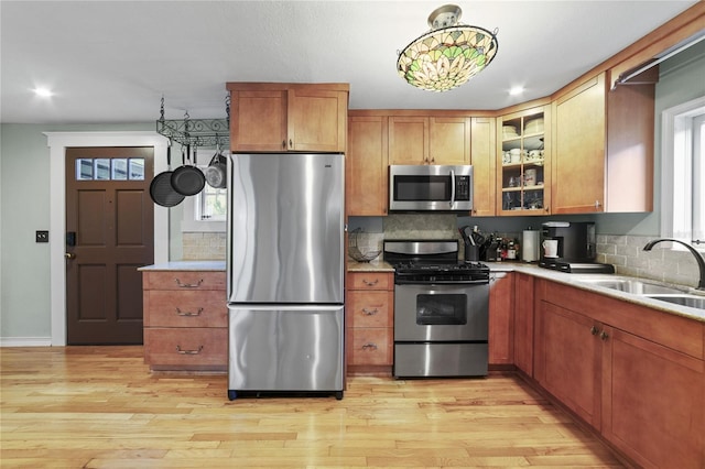 kitchen with appliances with stainless steel finishes, light wood-style floors, a sink, and backsplash