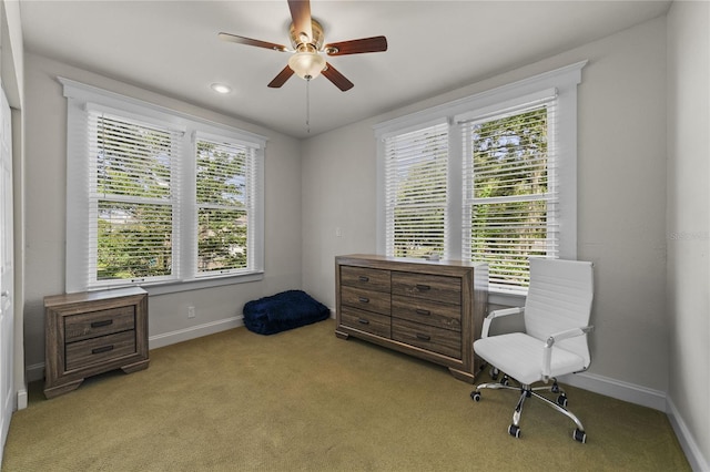 living area with a ceiling fan, light carpet, and baseboards