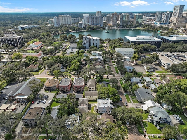 bird's eye view with a water view and a view of city