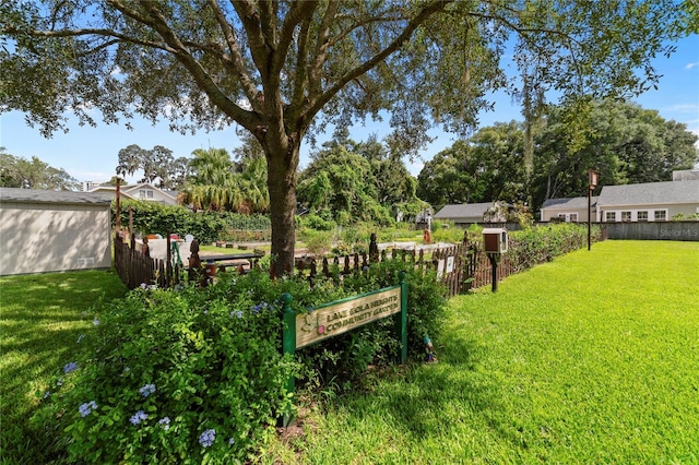 view of home's community featuring fence and a yard