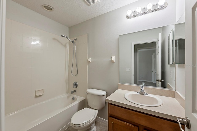 full bathroom featuring visible vents, toilet, a textured ceiling, tub / shower combination, and vanity