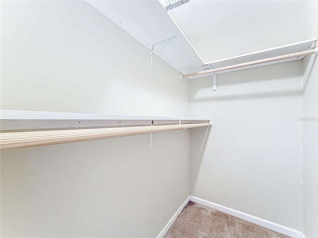 walk in closet featuring light colored carpet