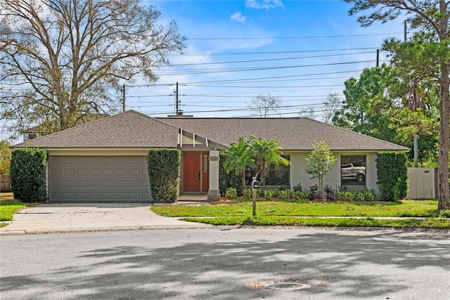 view of front of home with concrete driveway, fence, an attached garage, and stucco siding