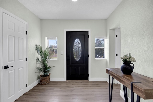 entryway featuring baseboards and wood finished floors