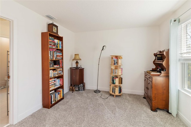 interior space with carpet floors, visible vents, and baseboards