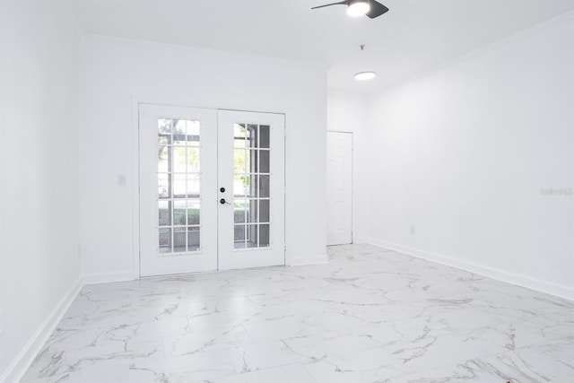 unfurnished room with baseboards, marble finish floor, crown molding, french doors, and recessed lighting