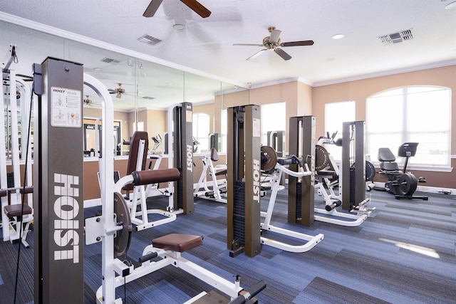 workout area with visible vents and crown molding