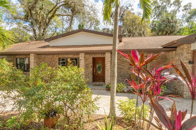 view of front of home featuring a shingled roof and brick siding