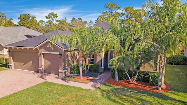 view of front of home with decorative driveway, a front lawn, an attached garage, and stucco siding