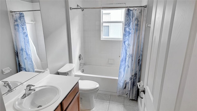 bathroom with toilet, shower / bath combo, vanity, and tile patterned flooring