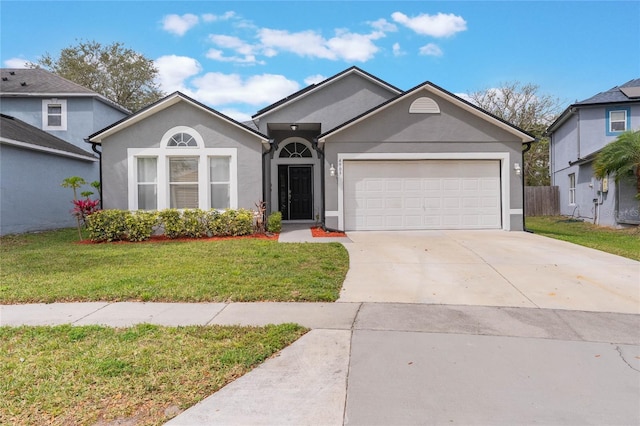 single story home featuring a garage, concrete driveway, a front yard, and stucco siding