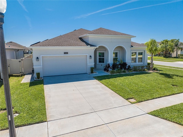 mediterranean / spanish home featuring an attached garage, concrete driveway, a gate, stucco siding, and a front yard