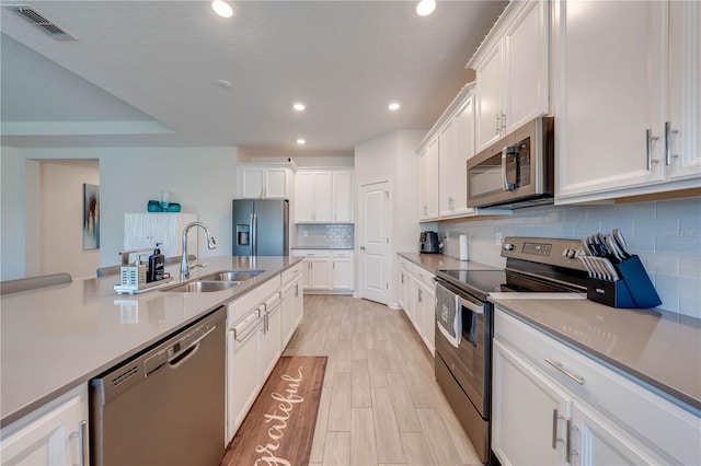 kitchen featuring visible vents, white cabinets, appliances with stainless steel finishes, a sink, and backsplash