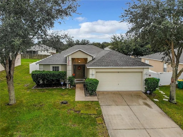 single story home with a garage, fence, concrete driveway, stucco siding, and a front yard