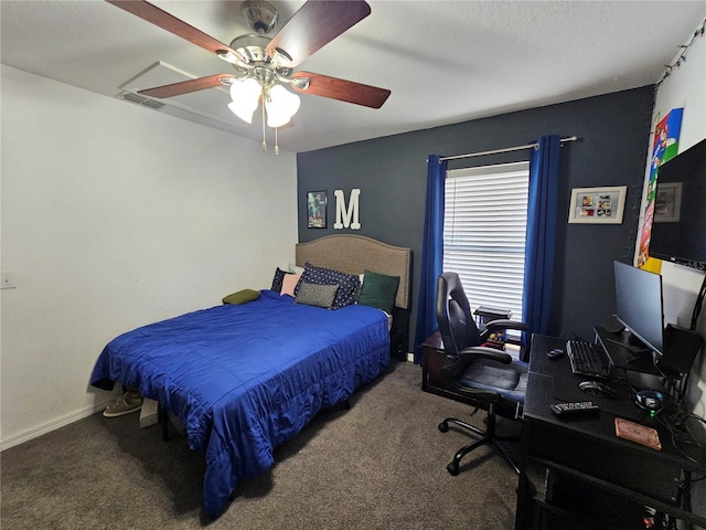 bedroom featuring carpet floors, visible vents, ceiling fan, and baseboards