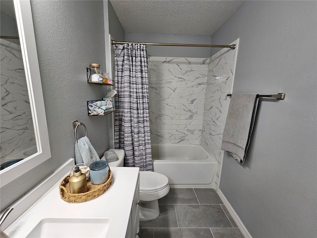 full bath with a textured ceiling, tile patterned flooring, toilet, shower / tub combo, and vanity