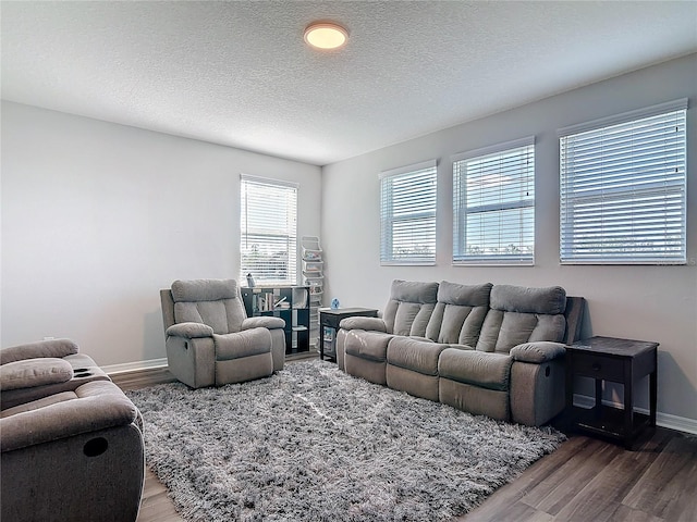 living room with a textured ceiling, baseboards, and wood finished floors