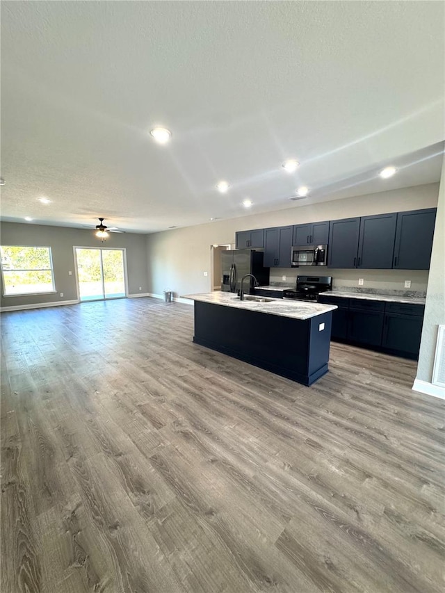 kitchen featuring light wood-style flooring, a sink, open floor plan, appliances with stainless steel finishes, and light countertops