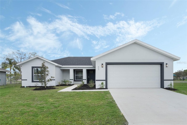 single story home with a garage, concrete driveway, a front lawn, and stucco siding