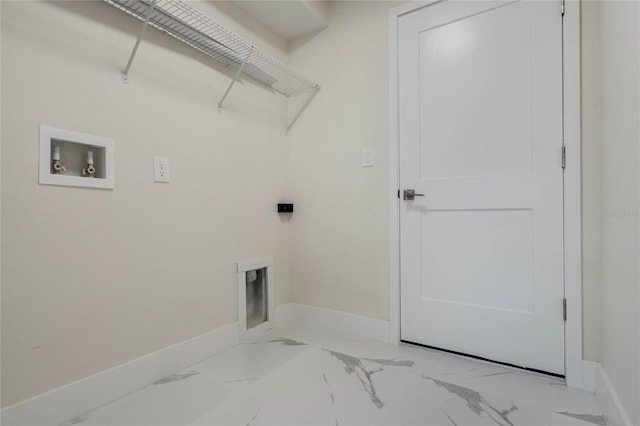 laundry room featuring laundry area, baseboards, marble finish floor, washer hookup, and electric dryer hookup