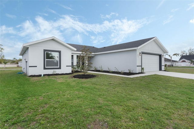 ranch-style house with a garage, a front yard, driveway, and stucco siding