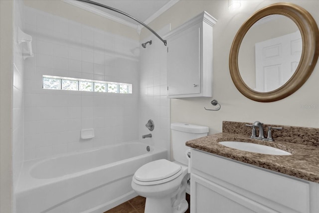 full bath featuring toilet, crown molding, tile patterned flooring, bathing tub / shower combination, and vanity