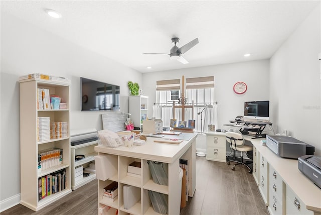 office featuring recessed lighting, dark wood-style flooring, and ceiling fan