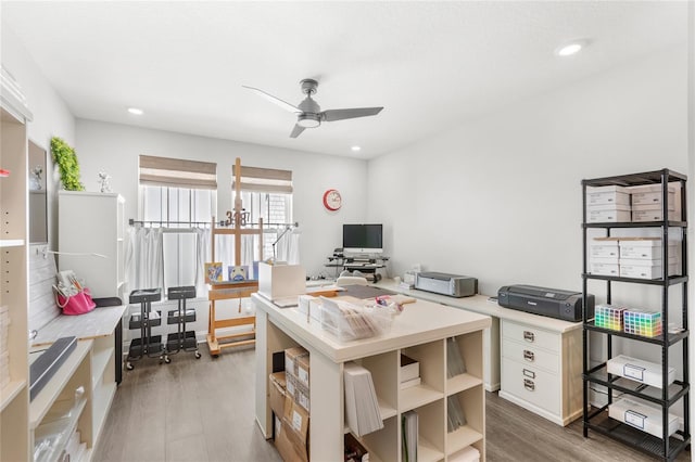 office with ceiling fan, wood finished floors, and recessed lighting