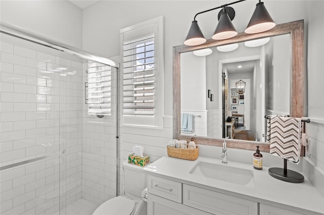 full bathroom featuring toilet, a shower stall, and vanity