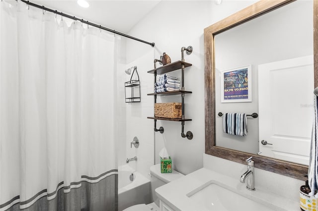 bathroom with toilet, shower / bath combination with curtain, and vanity