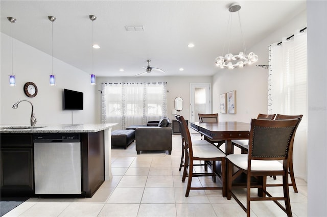 dining space featuring recessed lighting, visible vents, a ceiling fan, and light tile patterned flooring