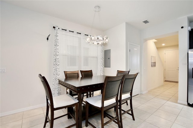 dining room with light tile patterned floors, baseboards, visible vents, and electric panel