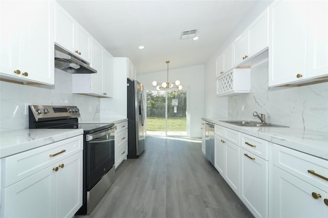 kitchen featuring under cabinet range hood, white cabinetry, stainless steel appliances, and a sink