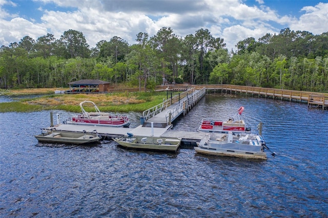 dock area with a water view and a wooded view