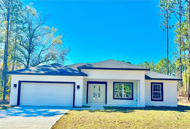 ranch-style home featuring a garage, driveway, roof with shingles, a front lawn, and stucco siding