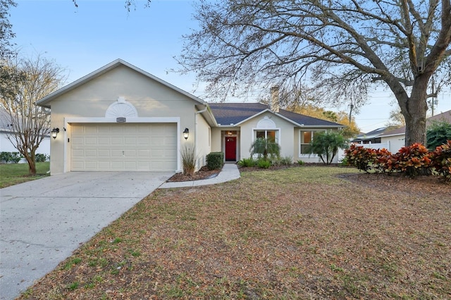 ranch-style house featuring stucco siding, a front lawn, concrete driveway, and an attached garage