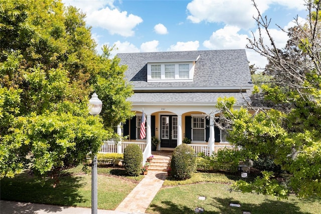 bungalow-style house with a front yard, covered porch, roof with shingles, and french doors