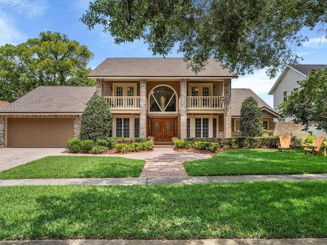 view of front of property featuring driveway, a balcony, an attached garage, french doors, and a front yard