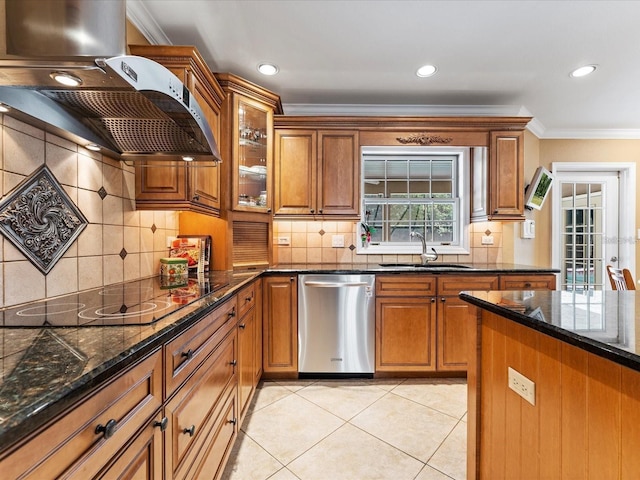 kitchen with brown cabinetry, dishwasher, custom exhaust hood, black electric cooktop, and a sink