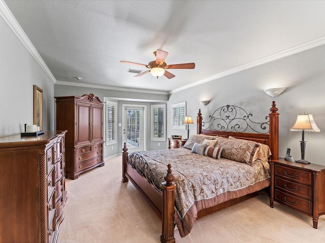 bedroom featuring a textured ceiling, light carpet, visible vents, access to outside, and crown molding