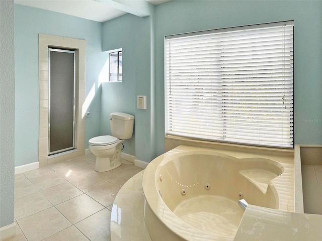 full bath with baseboards, toilet, a whirlpool tub, tile patterned flooring, and a shower stall
