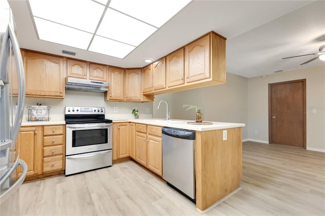 kitchen featuring stainless steel appliances, under cabinet range hood, a peninsula, and light wood finished floors