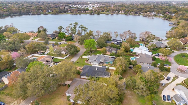 aerial view featuring a water view and a residential view