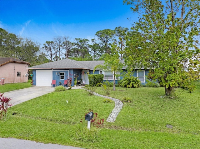 ranch-style house featuring a front lawn, driveway, and an attached garage