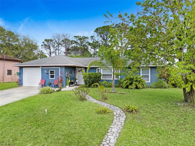 ranch-style house featuring a garage, a front lawn, and concrete driveway