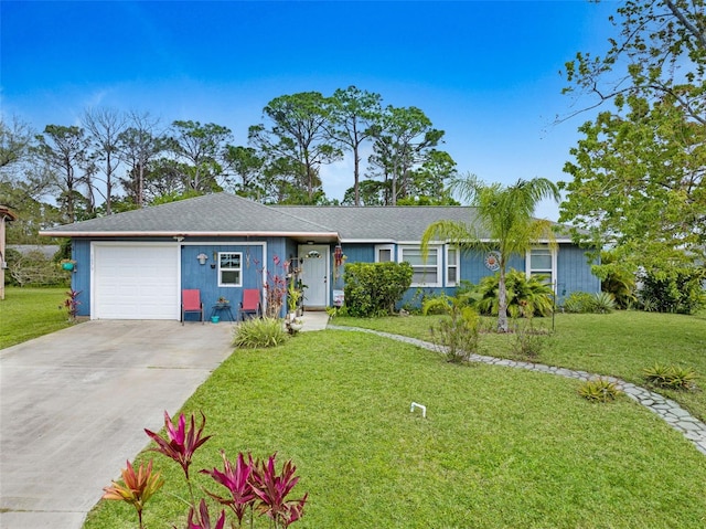 ranch-style home featuring a front yard, driveway, and an attached garage