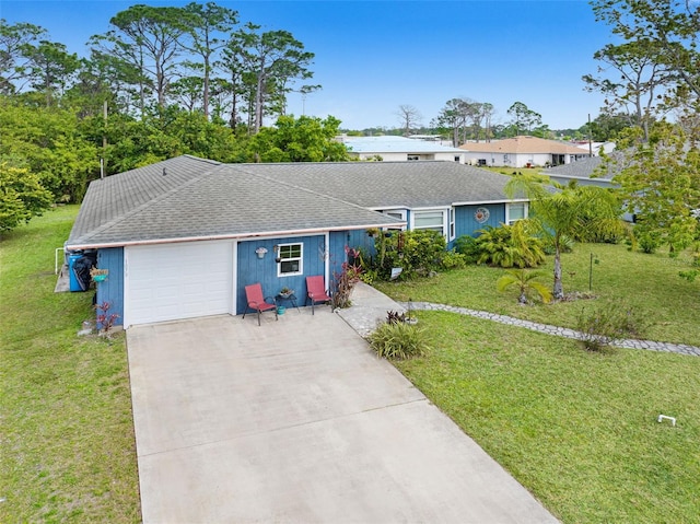 single story home with driveway, a front lawn, roof with shingles, and an attached garage