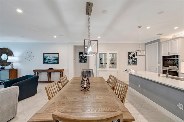 dining room featuring ornamental molding, recessed lighting, light tile patterned flooring, and visible vents