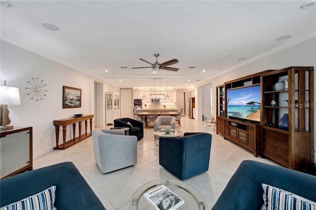 living area with ornamental molding, recessed lighting, and light tile patterned floors